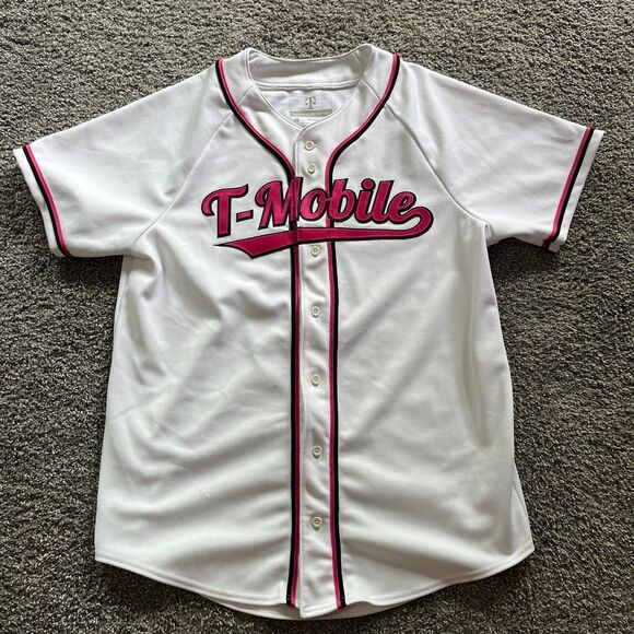 T-Mobile Baseball Jersey Button Up Employee White Pink Stitched Size Large - Picture 1 of 8
